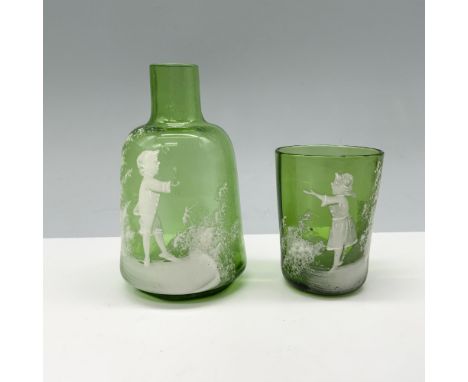 Lovely duo of glassware with enameled painting that when held next to each other, depicts a young boy offering a young girl a