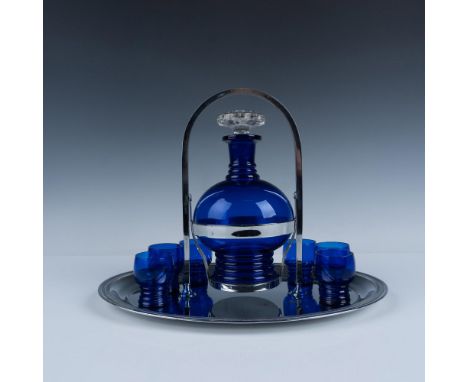 Magnificent imperial art deco collection that consists of a large oval tray with an attached swinging decanter, and six small