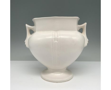 Refined vintage ceramic vase featuring a creamy white glaze, adorned with dual looped handles and a gently rounded body. Set 