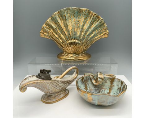 Fabulous collection of gold toned decor that consists of a shell fan vase with a Gonder USA backstamp, a hand painted apple s