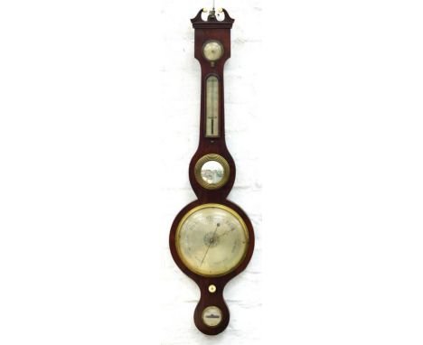 A VICTORIAN ROSEWOOD BAROMETER, THE BUBBLE LEVEL MARKED WARRANTED CORRECT, WITH ALCOHOL THERMOMETER, 96CM H