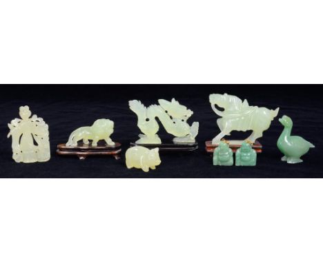 EIGHT CHINESE JADE MINIATURE CARVINGS OF A DRAGON, HORSE, DUCK, PIG AND OTHER SUBJECTS  