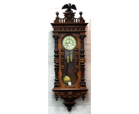 A WALNUT 'VIENNA' WALL CLOCK WITH BRASS WEIGHTS, 148CM HIGH, LATE 19TH C
