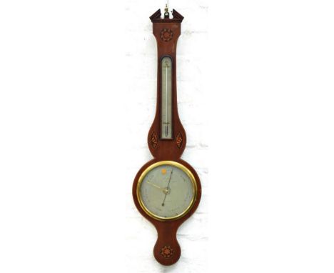 A VICTORIAN INLAID MAHOGANY BAROMETER, THE SILVERED DIAL ENGRAVED BRAND & CO, NUMBER 7, MILK STREET SHEFFIELD, WARRANTED WITH