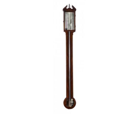 A MAHOGANY EXPOSED TUBE CISTERN BAROMETER, G (-)ANGIACAUALO BERWICK  the register plate with vernier and alcohol thermometer,
