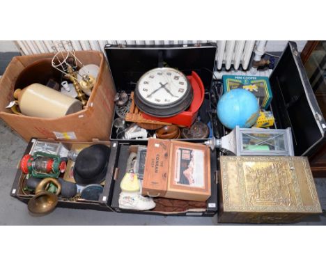 MISCELLANEOUS BYGONES INCLUDING A STONEWARE JUG, BRASSWARE, CLOCK, FLATWARE, LAMPS, MODEL CARS, ETC AND TWO SUITCASES