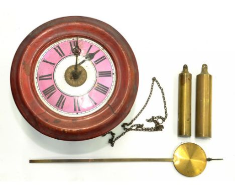 A 19TH CENTURY GERMAN POSTMAN'S ALARM WALL CLOCK THE WHITE AND PINK ENAMEL DIAL WITH BRASS ALARM DISC IN RED STAINED WOOD BEZ