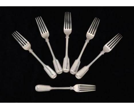 A SET OF SIX VICTORIAN SILVER TABLE FORKS  Fiddle and Thread pattern, initialled E, by E B Savory & Sons, London 1850, 15ozs 