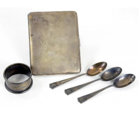 A GEORGE V SILVER CIGARETTE CASE, ENGINE TURNED, 11CM W LONDON 1931, A SILVER NAPKIN RING AND THREE SILVER COFFEE SPOONS, 6OZ