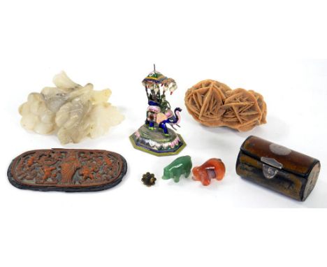 A JAIPUR JEWELLED AND ENAMELLED SILVER ELEPHANT CHESS PIECE 8CM H, CIRCA 1900, A SILVER MOUNTED HORN SNUFF BOX, TWO MINIATURE