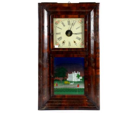 A JEROME & CO TWO DOOR MAHOGANY WALL CLOCK THE LOWER GLASS DOOR PRINTED AND PAINTED WITH A HORSE DRAWN CARRIAGE AND GOTHIC MA