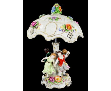 A GERMAN FLORAL ENCRUSTED PORCELAIN LAMP THE PARASOL SHAPED SHADE MOULDED WITH LITHOPHANES THE BASE SET WITH FIGURES OF DANCI