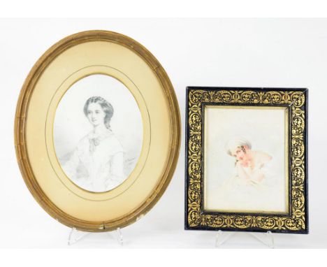 A 19TH CENTURY WATERCOLOUR MINIATURE OF A YOUNG LADY IN A TURBAN 16CM X 12.5CM IN CARVED BLACK AND GILT FRAME AND A PORTRAIT 