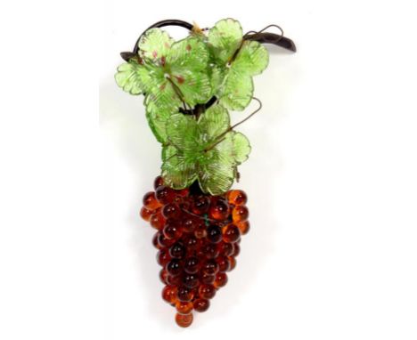 A BLACK PAINTED METAL AND MOULDED GLASS HANGING LIGHT IN THE FORM OF A BUNCH OF GRAPES, 28CM H, PROBABLY 1930'S