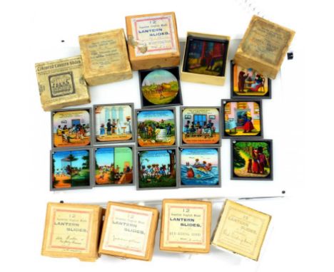 EIGHT SETS OF EARLY 20TH CENTURY COLOURED GLASS MAGIC LANTERN SLIDES INCLUDING THE TEN LITTLE ****** BOYS, ALL LATE 19TH/EARL