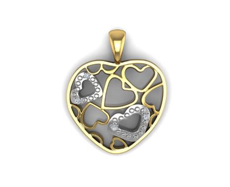 Four round brilliant cut diamonds are set in the border of two 9ct white gold hearts which are set inside a heart shaped pend