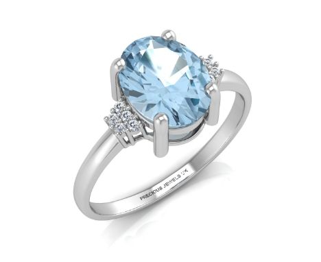 An oval cut Blue Topaz 1.89 carats sits between ten single cut diamonds in this gorgeous 9ct white gold ring. This is a class
