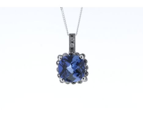 A square rose cut created Ceylon sapphire sits surrounded by a halo of six round brilliant cut diamonds and two diamonds in t