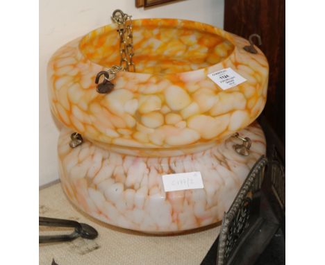 Two 1930's Art Deco vintage mottled glass flycatcher bowl ceiling hanging light shades, with their chains