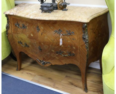 A Louis XVI design marquetry inlaid demi lune marble top bombe commode W.122cm