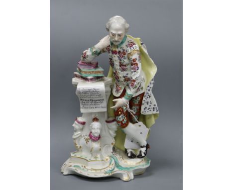 A large Derby figure of Shakespeare, c.1760, with floral painted jacket and breeches, scroll inscribed '... Shall Dissolve ..