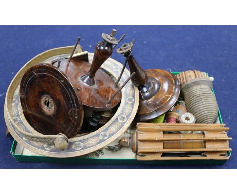 A group of assorted treen and other sewing ephemera, Victorian and later, including a coquilla and ebony thimble holder, a bo