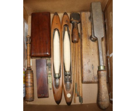 A group of assorted treen tools, etc. including two spindles, a turned ruler and two sets of scales