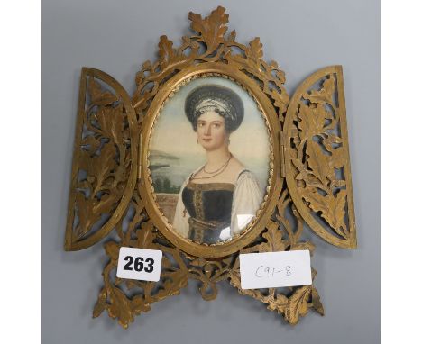 A 19th century portrait miniature watercolour on paper of a Greek woman, brass frame