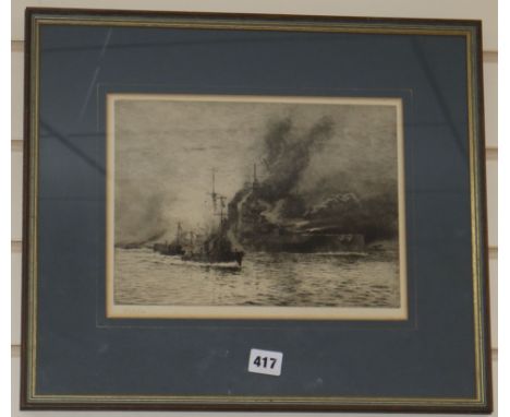 William Lionel Wyllie, etching, 'HMS Queen Elizabeth at the Dardanelles', signed, 22 x 29cm