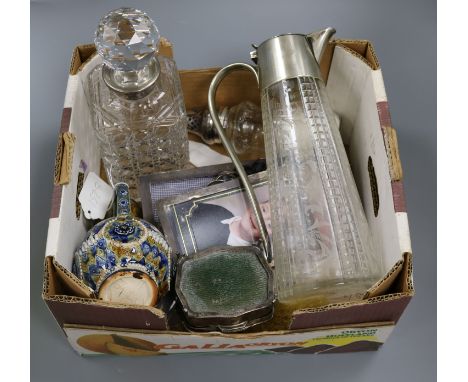 Three silver photograph frames, silver-mounted sugar caster, silver clothes brush and claret jug, Asprey decanter etc.
