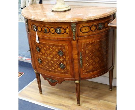 A Louis XVI design marquetry inlaid demi lune marble top commode W.97cm