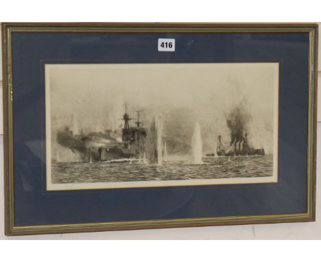 William Lionel Wyllie, etching, 'HMS Warspite and Warrior at Jutland', signed in pencil, 22 x 43cm