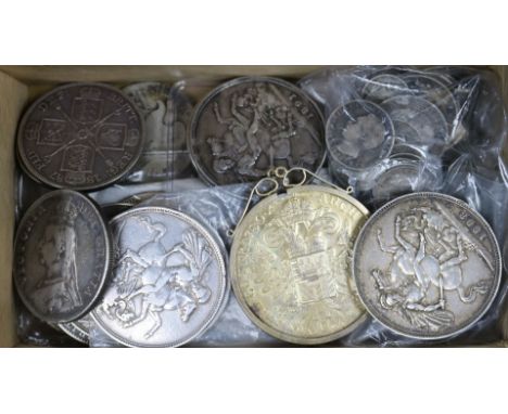 A collection of UK silver and World coins, 18th-20th century, including crowns, half crowns, Morgan dollar, cased 1971 maundy