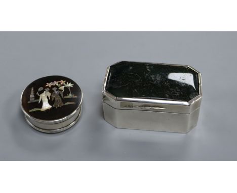 A rectangular silver trinket box with canted corners and moss agate top and a circular silver and tortoiseshell box decorated
