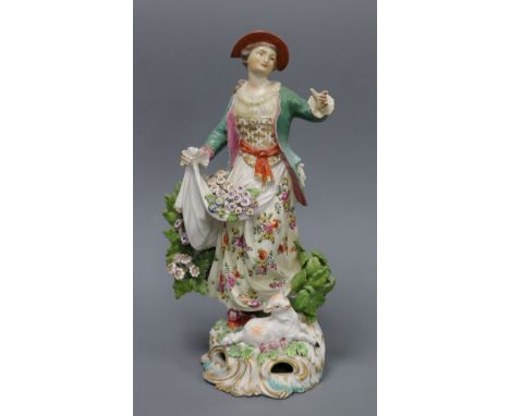 A Derby figure of a Shepherdess, c.1765-70, standing before bocage, with an apron of flowers and a lamb at her feet, on a roc