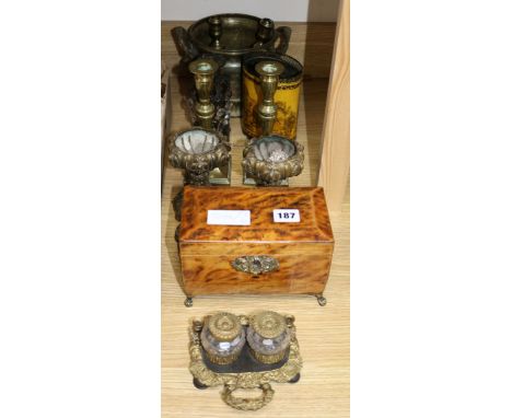 A pair of 18th century candlesticks, inkstand, tea caddy and toleware pot