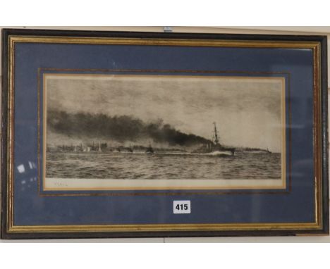 William Lionel Wyllie, etching, 'HMS Champion and the 13th Flotilla at Jutland', signed in pencil, 20 x 43cm