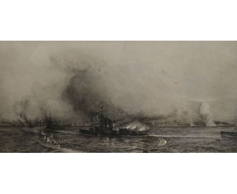 William Lionel Wyllie, etching, 'HMS Iron Duke at Windy Corner, Jutland', signed in pencil, 29 x 52cm