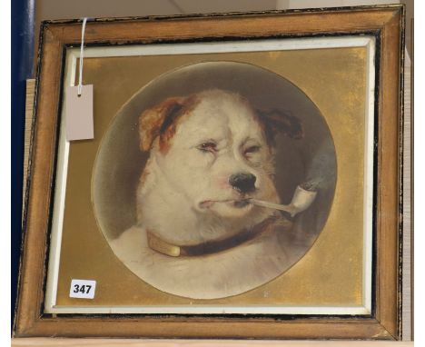 A Pears print of a pipe smoking dog, circular, 30cm