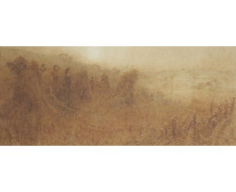 After J A M Whistler, watercolour, Women gathering the harvest