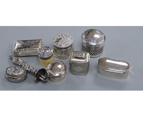 A Dutch silver snuff box and a collection of small silver boxes, etc, including an embossed cylindrical box and cover, Cheste