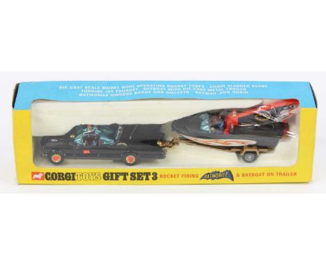 Corgi Toys Gift Set 3 Batmobile &amp; Batboat on Trailer gift set comprises of a 1st issue Batmobile (mint) with a Batboat wi