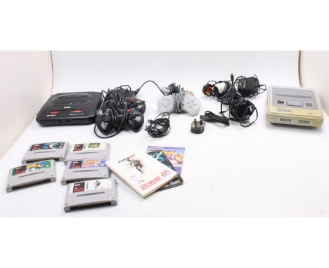 Vintage Super Nintendo Game Console with power leads and a collection of games to include Fifa 97, Super Soccer, Fifa 96, Str