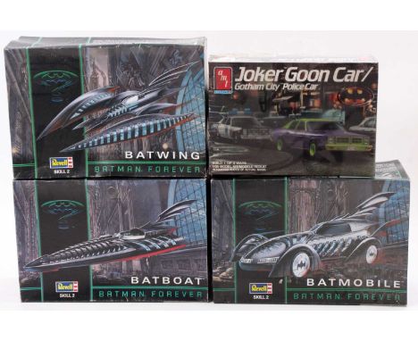 One box containing a collection of Revell and AMT Batman related plastic kits to include Batman Forever Bat Wing, Bat Boat an