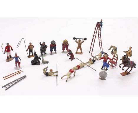 Charbens Circus Series and Similar lead hollowcast figure group, to include Trapeze Artists, Strongman with Dumbells, clowns,