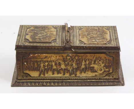 Huntley and Palmers original biscuit tin in the form of a tea caddy, lithographed in creams and yellows with cartouches decor