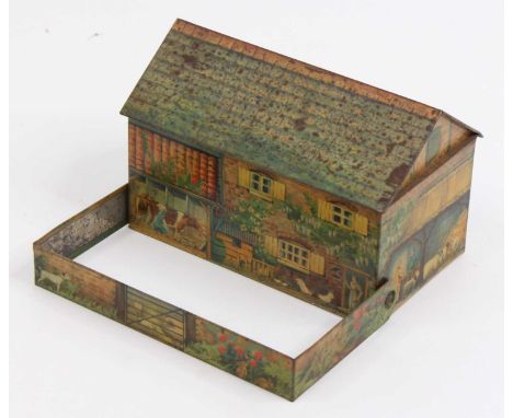 Huntley &amp; Palmers farmhouse biscuit tin, with swivelling fence section, with detailed lithograph farmhouse scenes and ima