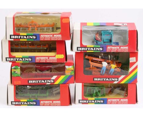 Britains 1/32nd scale boxed farming implements, with examples including No. 9547 Front Mounted Cultivator, No. 9548 Flexcoil 