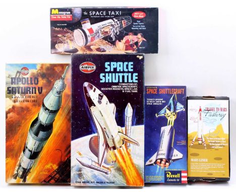 A collection of five various boxed space and space shuttle related plastic kits to include an Airfix No. 10170-5 Series 10 Sp