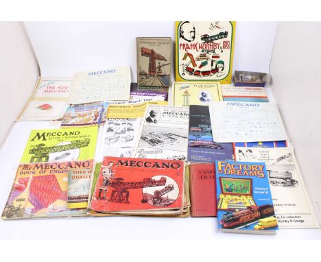 One tray containing a collection of mixed reproduction and original Meccano and construction toy related enamel signs, books,